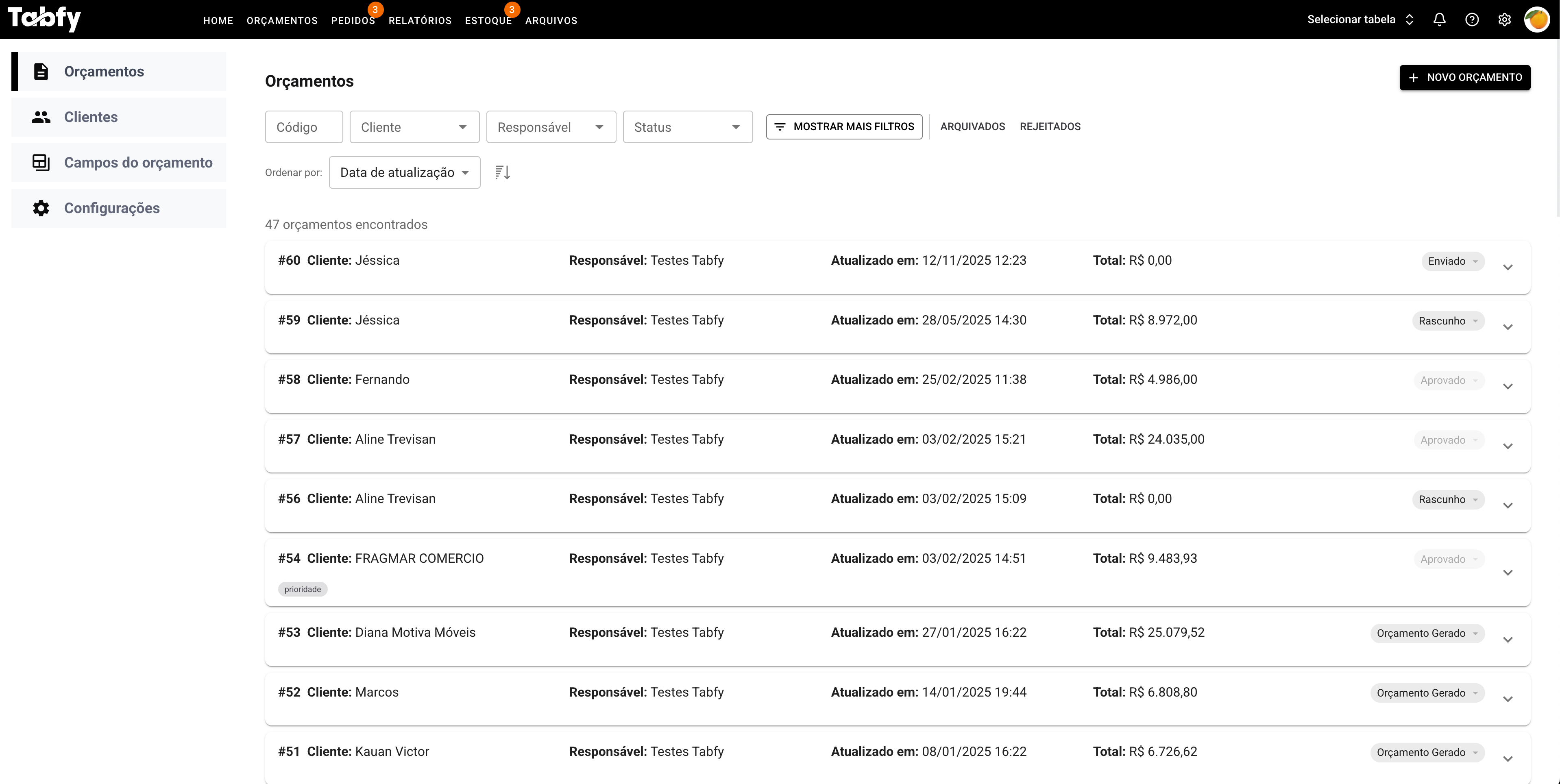 Sistema de orçamentos do Tabfy para criar, gerenciar e acompanhar propostas comerciais de forma rápida e eficiente