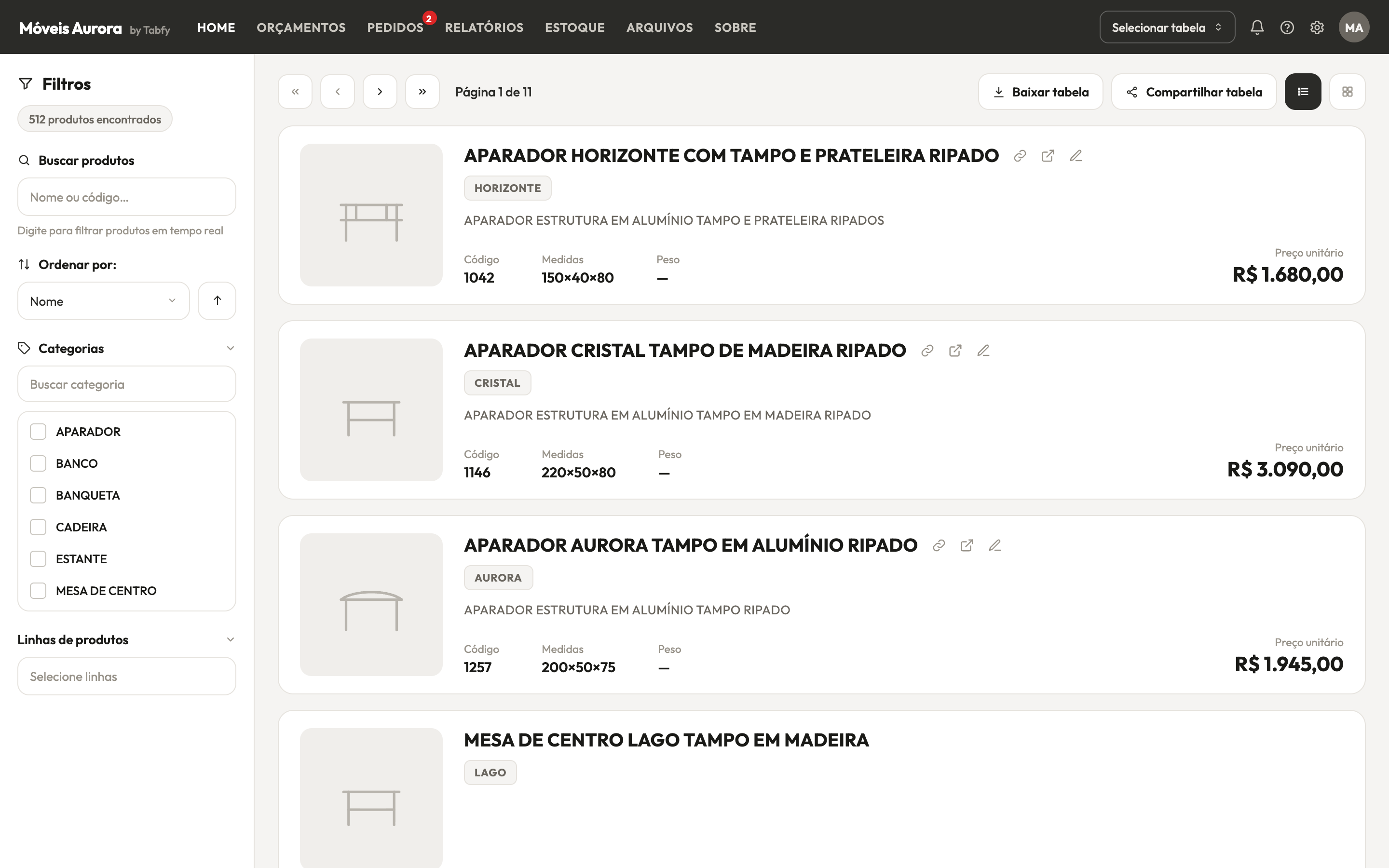 Catálogo de produtos na Tabfy